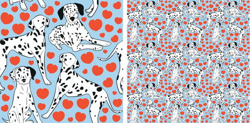 Pattern design with hearts, funny Dalmatian dogs doodles, and seamless pattern. T-shirt textile, wallpaper, wrapping paper, background graphic design with hearts, blue background. Valentine's Day.