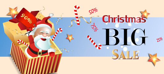 Christmas discount banner template with Santa Claus in a gift box