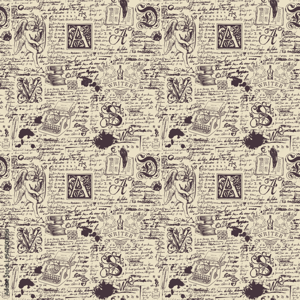 Poster vector seamless pattern on writers theme. abstract background with unreadable handwritten notes and 