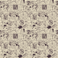 Fototapeta premium Vector seamless pattern on writers theme. Abstract background with unreadable handwritten notes and hand-drawn initial letters, an angel, a typewriter. Suitable for wrapping paper, wallpaper, fabric