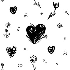 Boho-style seamless vector pattern from decorative flowers and hearts. Simple black doodles. 