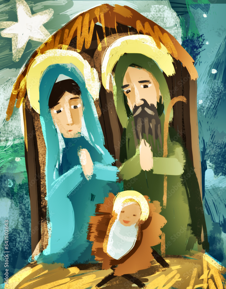 Wall mural cartoon illustration of the holy family traditional scene