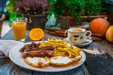 eggs with sausage and potatoes for breakfast