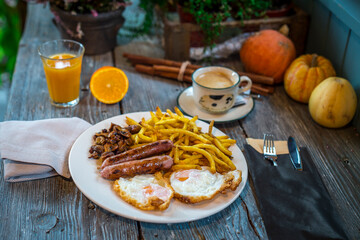 eggs with sausage and potatoes for breakfast