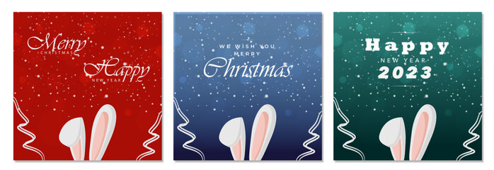 Happy Rabbit. Symbol of New Year 2023. Set ofe cards 