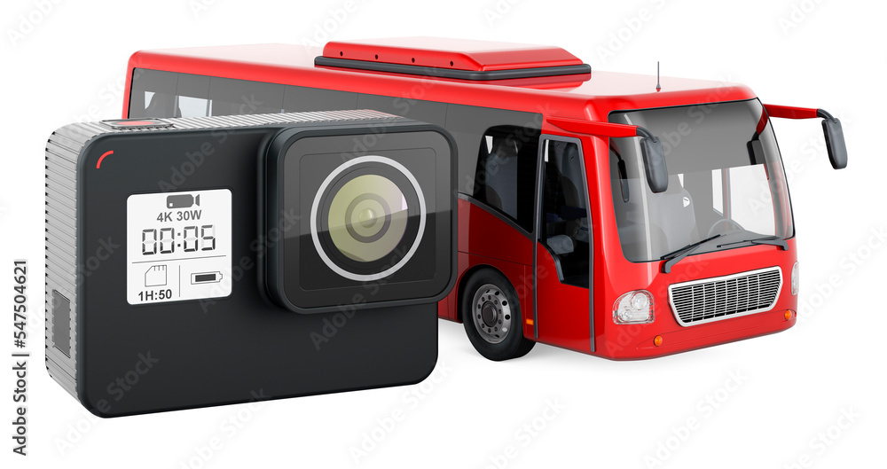 Poster dashcam dvr with bus. 3d rendering