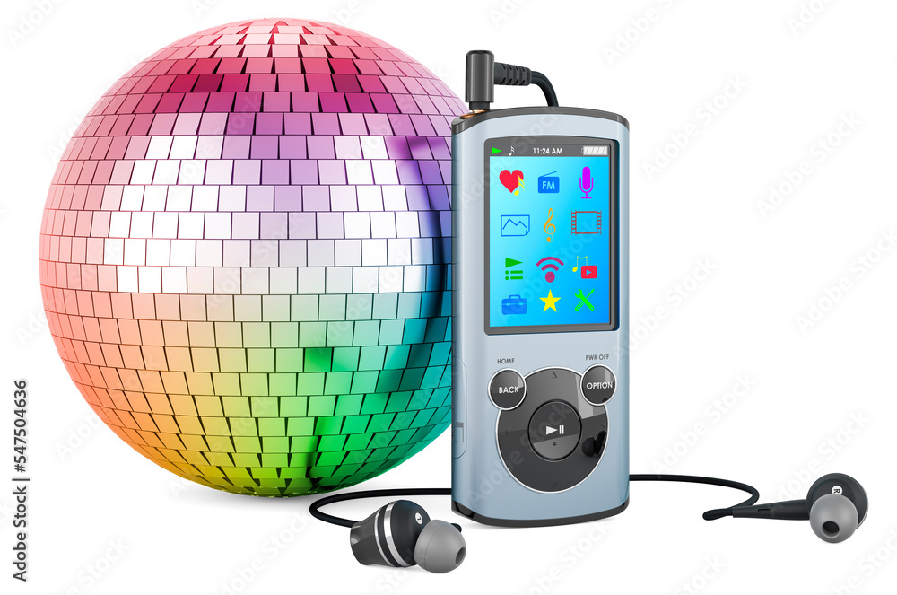 Aufkleber digital audio player with mirror disco ball, 3d rendering