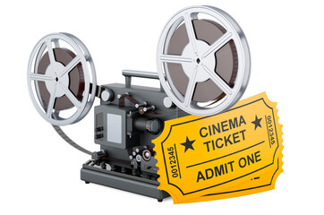Naklejka premium Cinema tickets with film projector. 3D rendering