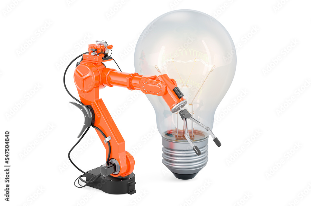 Poster lightbulb with robotic arm, 3d rendering