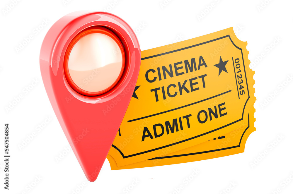 Poster map pointer with cinema tickets, 3d rendering