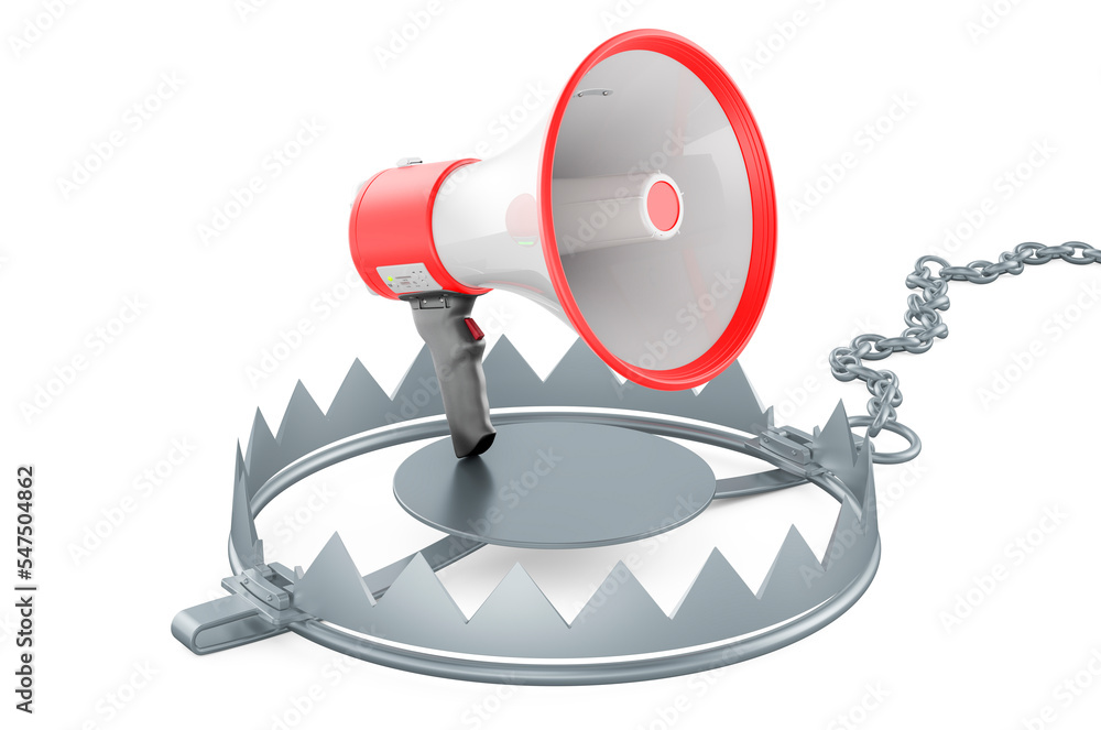 Poster megaphone inside trap, 3d rendering