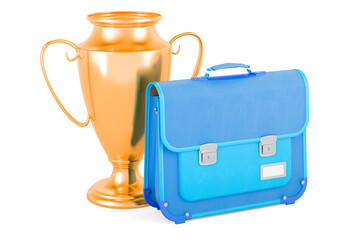 Gold trophy cup award with school bag. 3D rendering