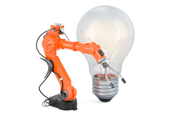 Lightbulb with robotic arm, 3D rendering