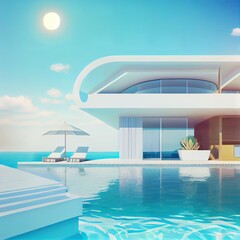 Fototapeta na wymiar Perspective of modern house with swimming pool on sea background, Exterior. 3d rendering