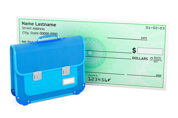 School bag with bank check. 3D rendering