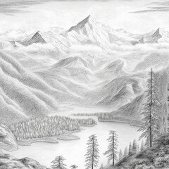 pencil sketch lake and mountains. High quality illustration