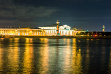 Fototapeta na wymiar Building of Old Stock Exchange and Rostral Columns at the Eastern end of Vasilievsky island in St. Petersburg