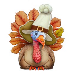 Turkey in hat shows like on a white with autumn leaves. Thanksgiving day.