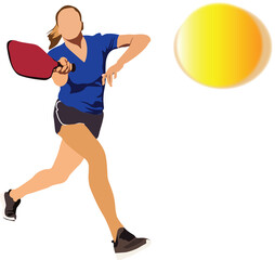 Fototapeta na wymiar a women hitting a pickleball seen from the front and the ball looks very close and blurred isolated on transparent png background