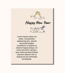 New year card with glasses of champagne and text 2023. Lineart Vector illustration.