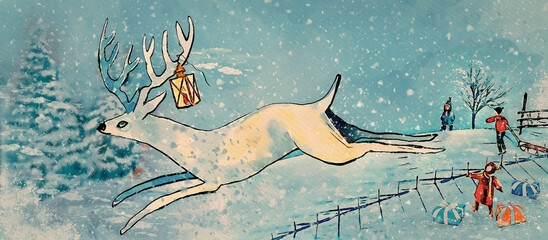 Christmas deer and gifts. Watercolor illustration for children.