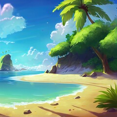 Happy Tropical Sand Beach Coast 1. Video Game Digital CG Artwork, Concept Illustration, Realistic Cartoon Style.