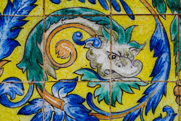 Andalusian Moroccan Italian floor wall ceiling ornament made out of ceramic tile pattern texture close-up of fantasy figure drawing