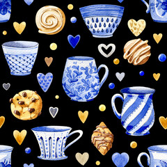 Watercolor seamless pattern. Blue tea cups, cookies, chocolate drops, sweets and hearts and confetti Isolated on a black background. - 547508627