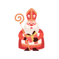 Cute Saint Nicholas or Sinterklaas with gift box and staff. Happy St Nicholas Day. Old man bishop character. Winter Christian holiday. Mascot cartoon vector illustration.