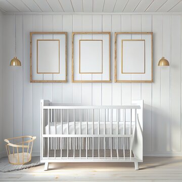Farmhouse nursery. White metal crib near white wall. Three wooden frames on the wall. Interior and frame mockup. 3d rendering.