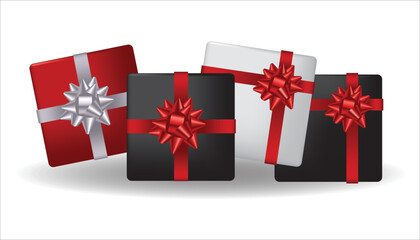 Fototapeta premium Vector set of white gift boxes with different color ribbons. Realistic giftbox in front view, isolated on white background.