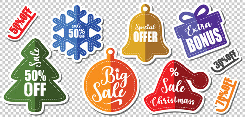 Christmass Stickers with outline and shadows - Sale tags - Banner price and discount labels - Vector illustration