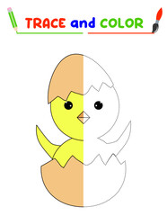 Trace and color the bird. A training sheet for preschool children.Educational tasks for kids.Chicken Coloring Book.