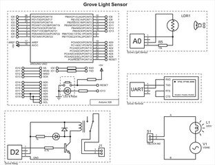Vector schematic diagram of an electronic device on the arduino.
Grove light sensor, terminal and relay.
Connecting the lamp to a source of alternating sinusoidal voltage.