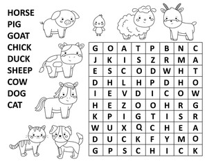 Word search game for children. Crossword with farm animals. Educational puzzle. Printable worksheet. Coloring page for kids. Find words in a table. Vector illustration.