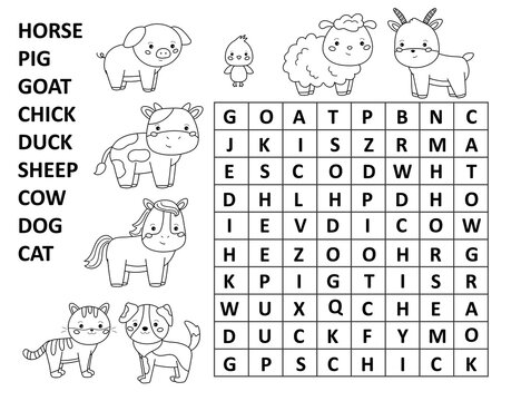 Word search game for children. Crossword with farm animals. Educational puzzle. Printable worksheet. Coloring page for kids. Find words in a table. Vector illustration.