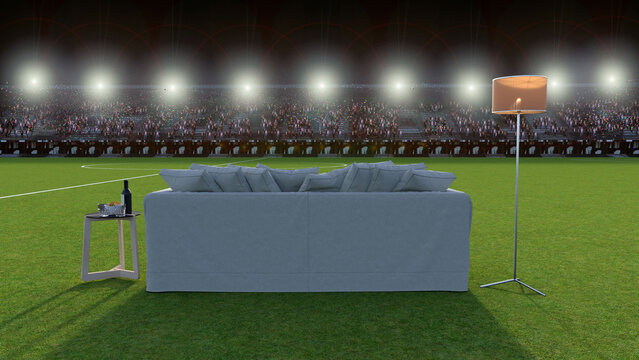 Modern living room furniture on soccer field background. Night lighting. Bring the game home. Watch sports on TV with a high-quality picture.