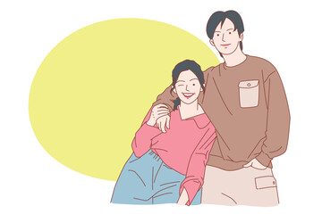 Happy young man and girl feel in love. Smiling caring couple have close intimate bonding moment. Good relationships concept. Flat vector illustration.