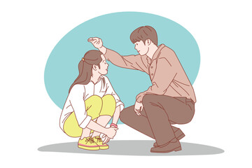 Happy young man and girl feel in love. Smiling caring couple have close intimate bonding moment. Good relationships concept. Flat vector illustration.