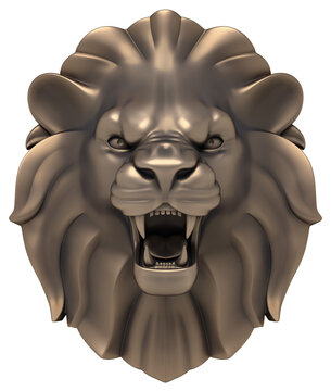 A Lion's Head. An artistic bronze sculpture or a bas-relief of a lion head isolated on transparent background. 3D-rendering gaphics.