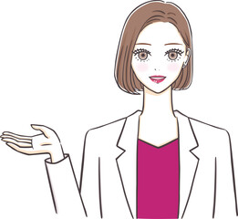 片手を上げて案内をする美しい女医