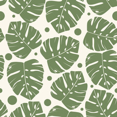 Tropical seamless pattern with monstera leaves elements.