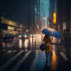 Woman with an umbrella walking the city streets at night in the rain. Illustration.