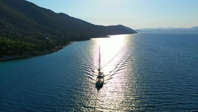 Aerial view of Sailing Gulet. A gulet is a wooden classic yacht built usually in Bodrum or Marmaris from the southwestern coast of Turkey. 
