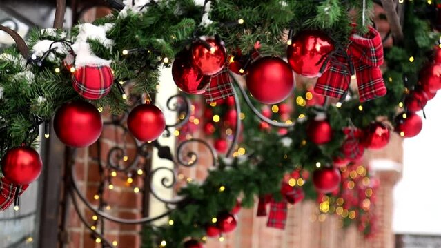 Xmas atmosphere concept. Close up of outdoor christmas decorations
