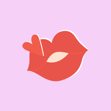 Female kiss lips with heart for Saint Valentines day. Love retro lips. February 14. Happy kiss day. Romantic lover red element. Flat vector.