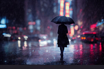 Woman with an umbrella walking the city streets at night in the rain. Illustration.