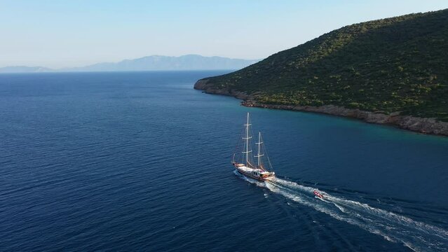 Aerial view of Sailing Gulet. A gulet is a wooden classic yacht built usually in Bodrum or Marmaris from the southwestern coast of Turkey. 