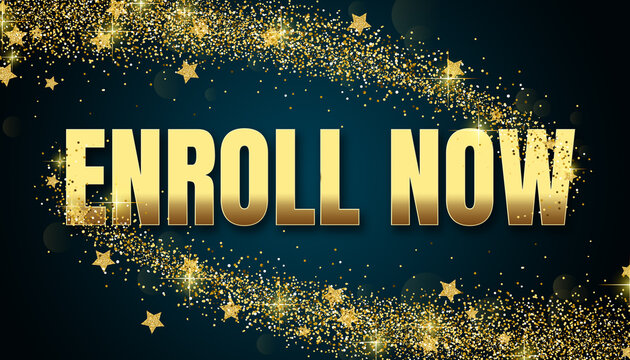 Enroll now in shiny golden color, stars design element and on dark background.