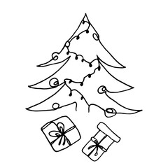 Line art Christmas tree and gifts on the white backgraund. Coloring page Vector illustration.